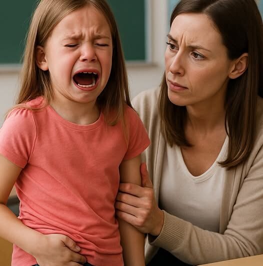 Het meisje huilt van de pijn in haar RUG: “Ik kan niet zitten, mevrouw, het doet zo’n pijn! Het is de schuld van mijn vader!