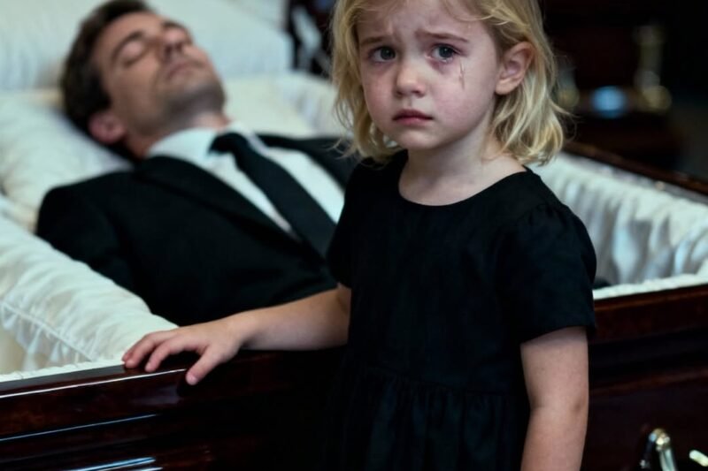 Een klein meisje omhelsde haar vader in de griezelige kist. Ze waren al uren bij de wake en ze had haar kant geen seconde verlaten