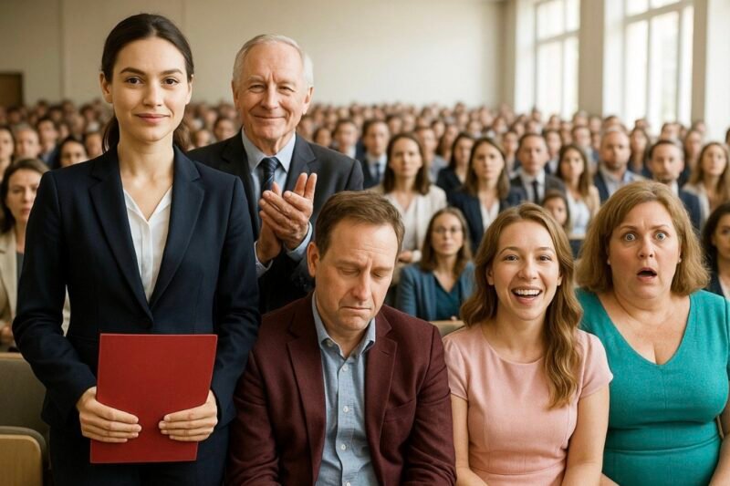 De feestzaal was gevuld met warm licht. De rijen stoelen stonden netjes opgesteld en het podium was versierd met het logo van de universiteit. Emma zat in een van de achterste rijen naast Clara, bescheiden gekleed in een beige jasje en een zwarte broek. Ze wilde niet opvallen.
