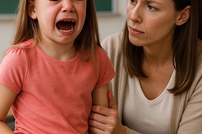 Het meisje huilt van de pijn in haar RUG: “Ik kan niet zitten, mevrouw, het doet zo’n pijn! Het is de schuld van mijn vader!