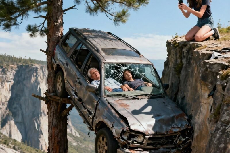 Mijn dochter had de remleidingen doorgesneden. Toen de auto van de klif gleed, overleefden we het alleen omdat hij aan een eenzame boom bleef hangen. Ik wilde om hulp roepen, maar mijn man fluisterde zwakjes: “Doe alsof je dood bent. Maak geen geluid.” Buiten hoorden we onze dochter de hulpdiensten bellen, hysterisch snikkend en smekend om ons te komen redden. Mijn man’s stem brak toen hij mijn hand vastgreep. “Het spijt me… dit is allemaal mijn schuld.”