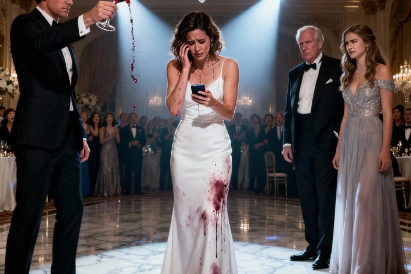 Op het gala voor miljardairs betrapte ik mijn man met zijn arm om de taille van de dochter van een tycoon. Toen ik vroeg: “Wat doe je nou?”, duwde hij me op de grond en gooide zijn drankje over mijn jurk. “Je brengt me in verlegenheid! Ga naar huis – mijn niveau is hier.” De tycoon grinnikte. “Je vrouw ziet eruit als een dienstmeisje.” Ik stond op, veegde de wijn weg alsof het stof was en haalde mijn telefoon tevoorschijn. “Zeg het contract op.” De zaal werd in een oogwenk stil. In één seconde stond de “dienstmeid” die ze hadden bespot op het punt om zijn hele miljardenimperium te vernietigen.