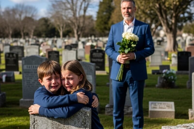 Op de verjaardag van de dood van zijn vrouw was de miljardair geschokt om zijn tweelingkinderen te zien huilen bij haar graf.