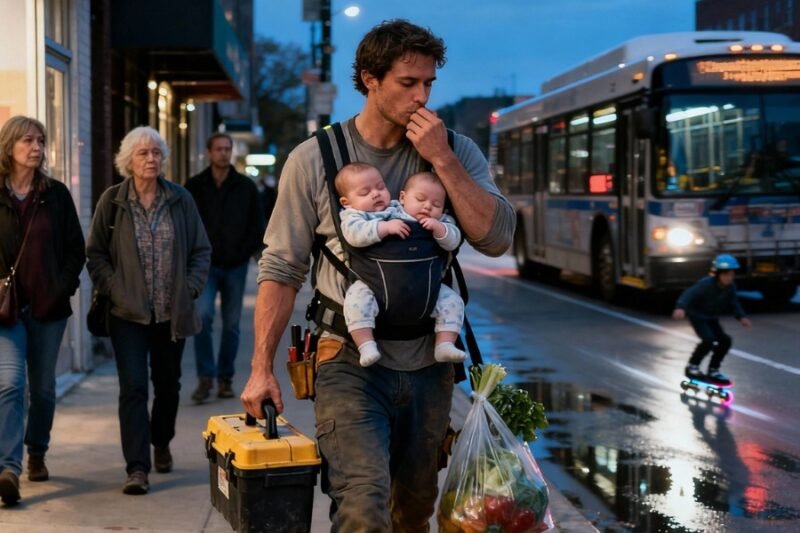 Hij was gewoon een vermoeide vader, die naar huis liep met een gereedschapskist in de ene hand, boodschappen in de andere, en twee baby ‘ s vastgebonden aan zijn borst nadat hun moeder hen had verlaten.