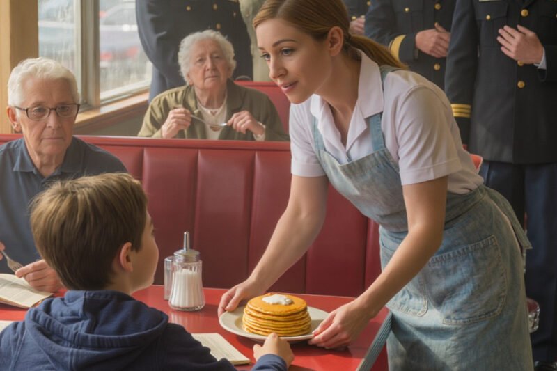 Een serveerster voedde elke ochtend stiekem een ​​eenzame jongen – totdat er vier zwarte SUV’s voor het restaurant stopten en soldaten binnenkwamen met een brief die de hele stad deed zwijgen