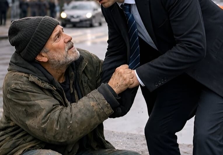Een rijke zakenman hielp enkele maanden een oudere dakloze man voor zijn kantoor, totdat de oude man op een dag plotseling zijn hand greep en zei: “Je hebt me altijd geholpen… nu is het mijn beurt.” 😲