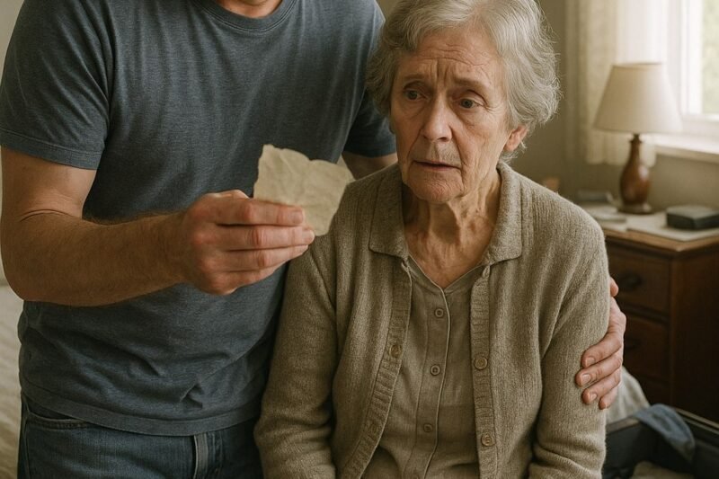 Op de ochtend dat Ethan zijn moeder in een verzorgingstehuis plaatste, vond hij een opgevouwen briefje in haar schoen waardoor zijn handen zo hevig trilden dat hij bijna haar koffer liet vallen.