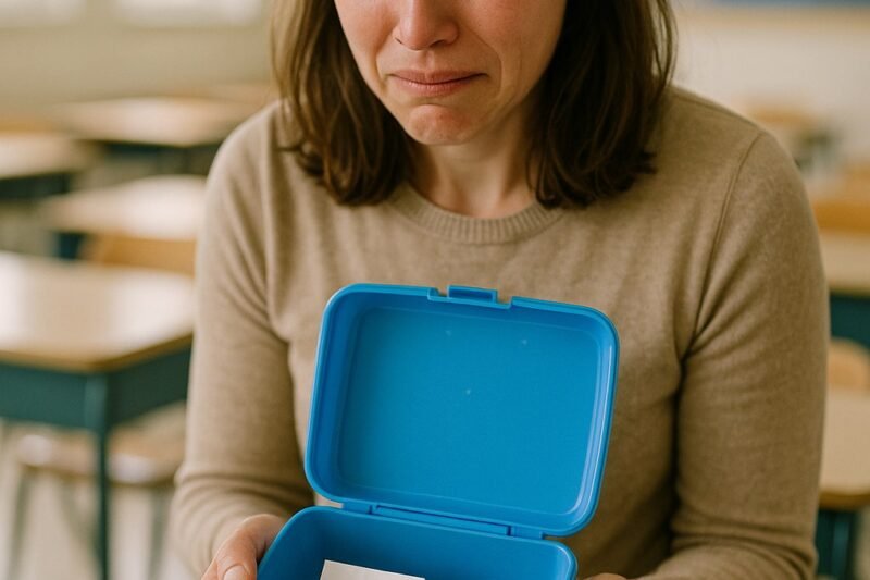 Emily merkte het op een dinsdag. Liam, de stille achtjarige die altijd bij het raam zat, zette zijn felblauwe broodtrommel aan het eind van de pauze op haar bureau.