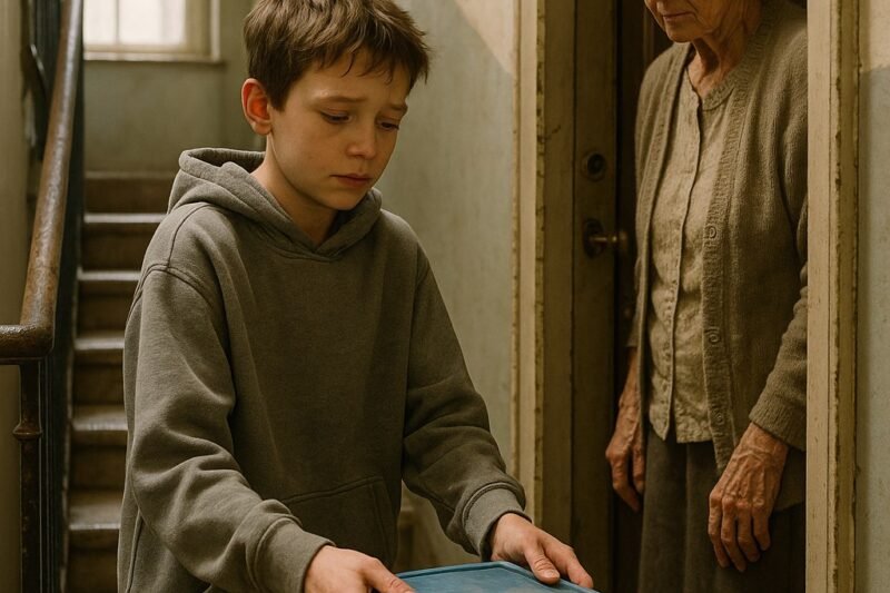 De jongen bleef elke avond een plastic bakje achterlaten bij de deur van de oude buurvrouw, en toen Emma hem eindelijk volgde, begreep ze waarom zijn handen altijd trilden.