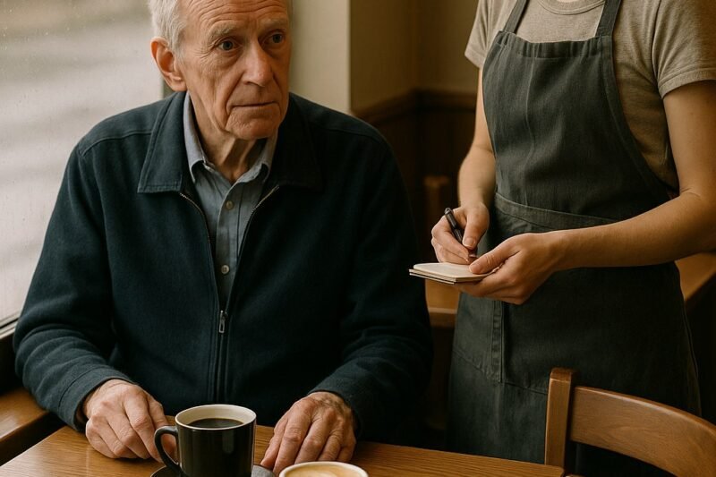 De oude man bij tafel zeven bleef elke ochtend twee koffies bestellen, tot de dag waarop de serveerster hem naar huis volgde.