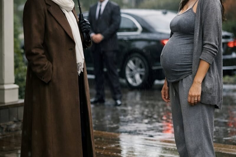 Mijn man zette me op straat en deed de deur op slot, en ik stond in de stromende regen — op blote voeten, met mijn zwangere buik. Maar toen mijn rijke grootmoeder arriveerde, omhelsde ze me en zei zachtjes: “Ik zal ervoor zorgen dat je man overal spijt van krijgt” 😯