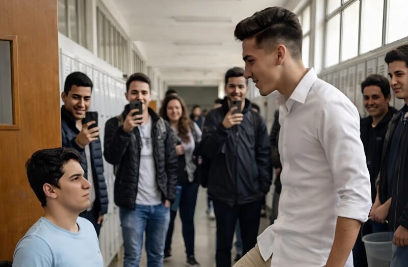 Pestkoppen op school pestten een klasgenoot met een beperking, gooiden ijskoud water over hem heen en filmden alles met hun telefoon… maar ze hadden geen idee hoeveel spijt ze binnen een paar minuten zouden krijgen van wat ze deden 😲😱**